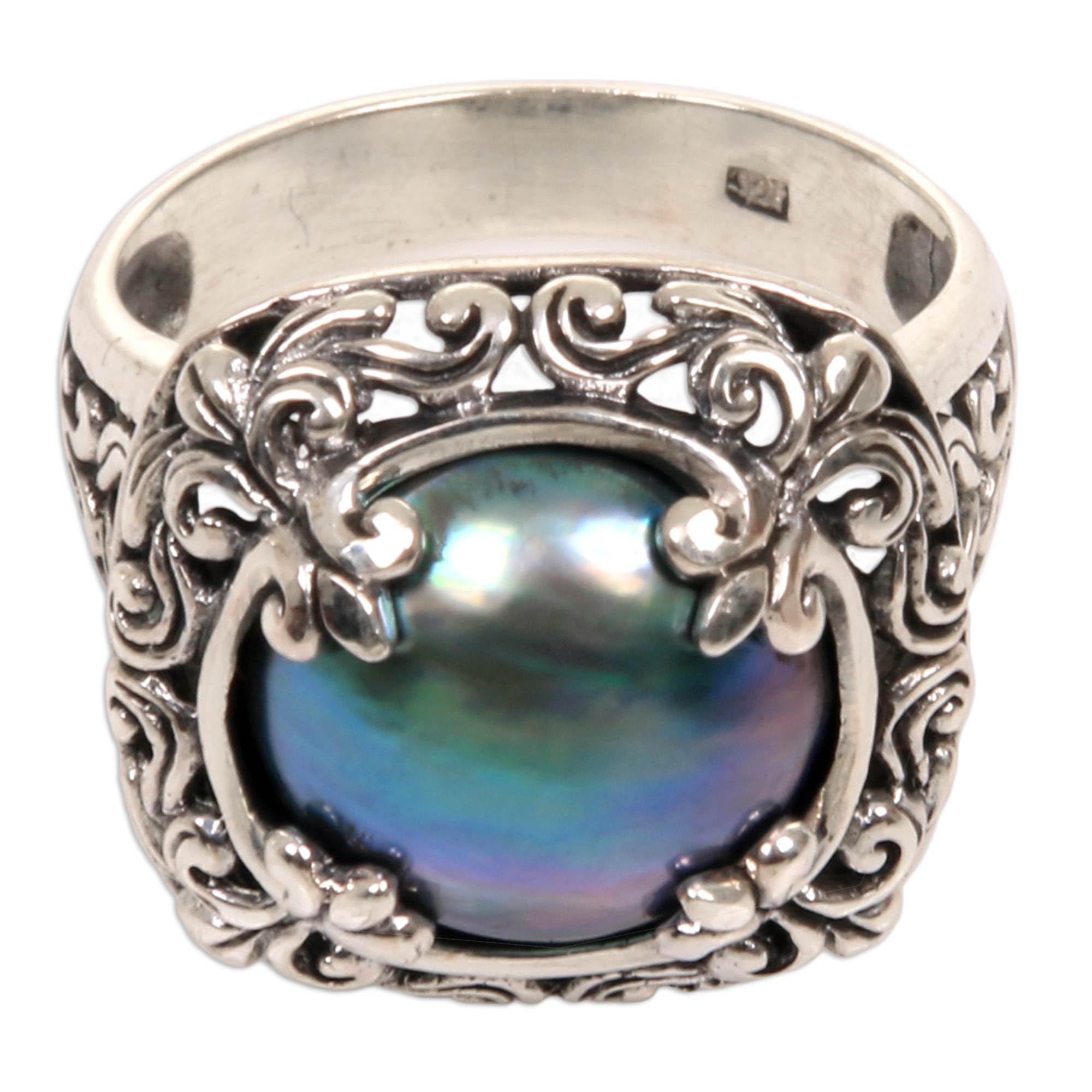 NOVICA Artisan Handmade Cultured Mabe Pearl Cocktail Ring Sterling Silver Floral Motif Blue Indonesia Birthstone [ring Front 0.7 in L x 0.7 in W x 0.4 in H Band Width 4 mm W] ' Blue Lunar'