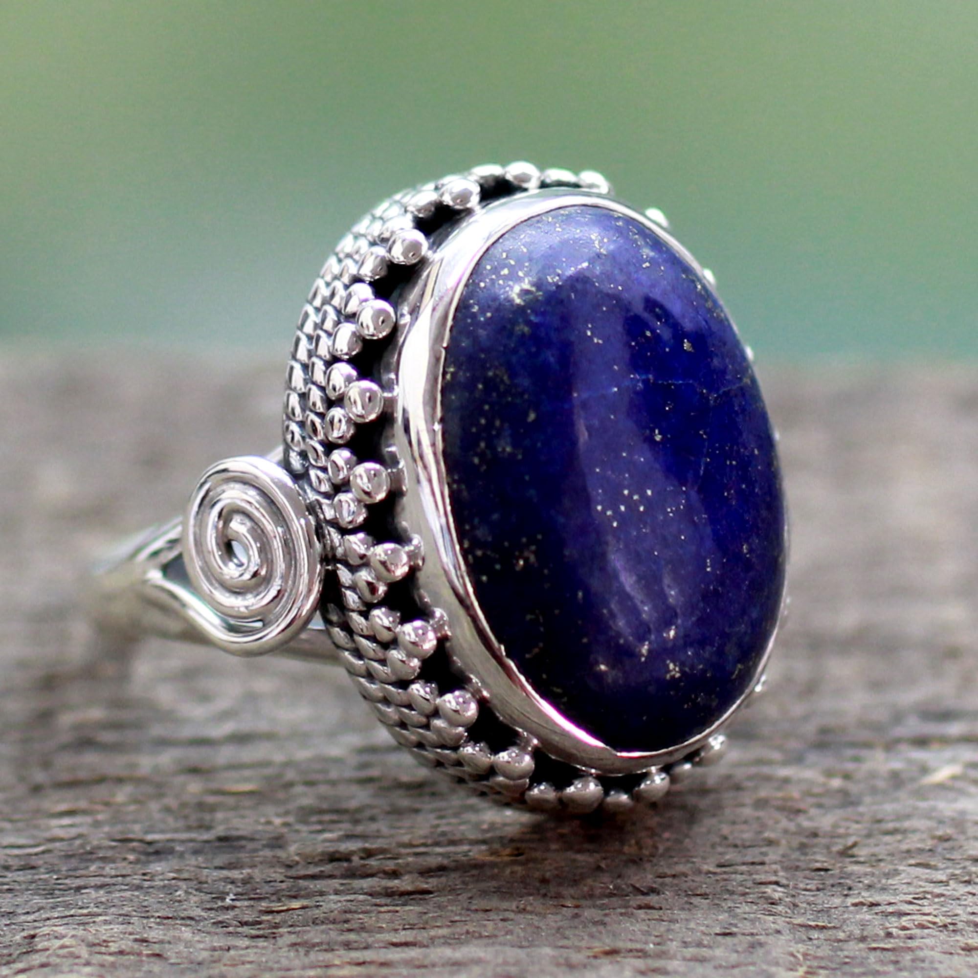 NOVICA Artisan Handcrafted Lapis Lazuli Cocktail Ring Sterling Silver Blue Single Stone India Royal Classic Reflecting Pond Snorkel Birthstone [crownbezel 0.8 in L x 0.6 in W x 0.4 in H Band Width 3 ]