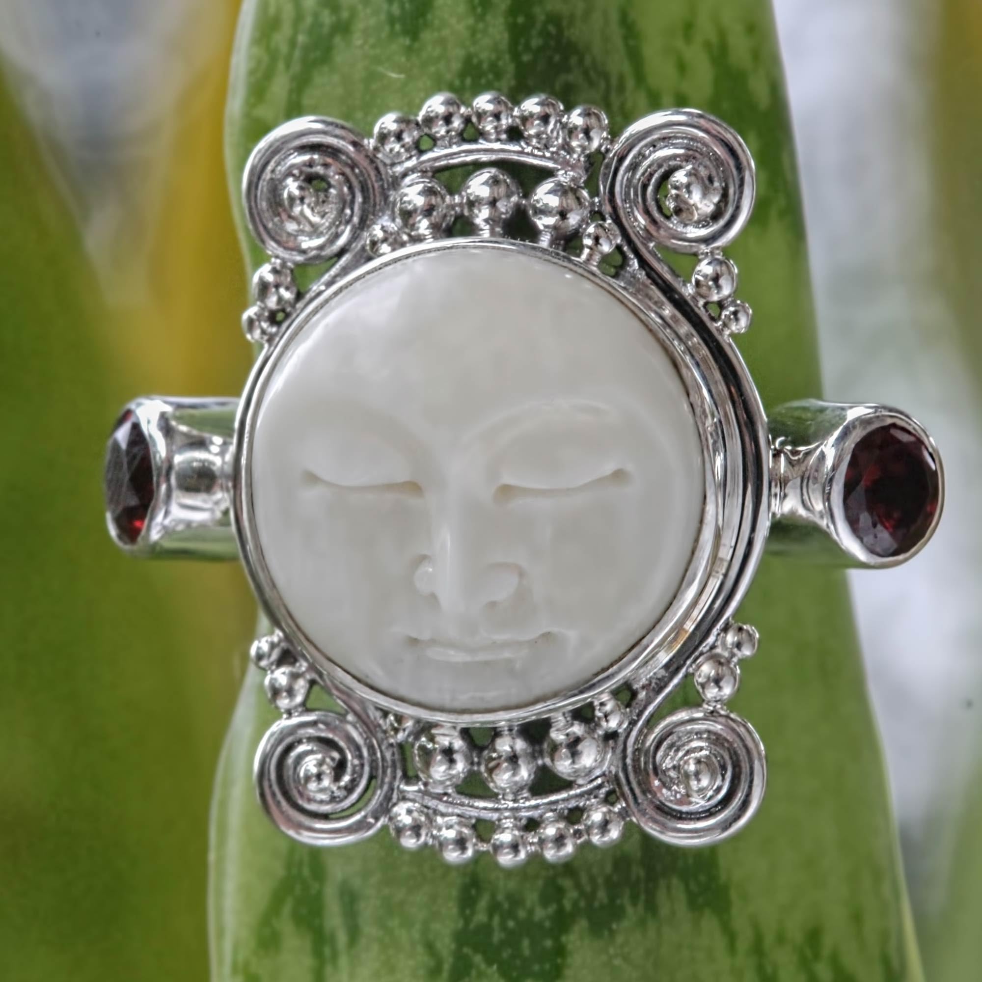 NOVICA Artisan Handmade Garnet Cocktail Ring Carved Bone Silver Sterling Red Indonesia Sun Moon Birthstone [crownbezel 0.9 in L x 0.9 in W x 0.3 in H Band Width 3 mm W] ' Moon Dream'