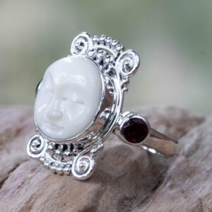 NOVICA Artisan Handmade Garnet Cocktail Ring Carved Bone Silver Sterling Red Indonesia Sun Moon Birthstone [crownbezel 0.9 in L x 0.9 in W x 0.3 in H Band Width 3 mm W] ' Moon Dream'