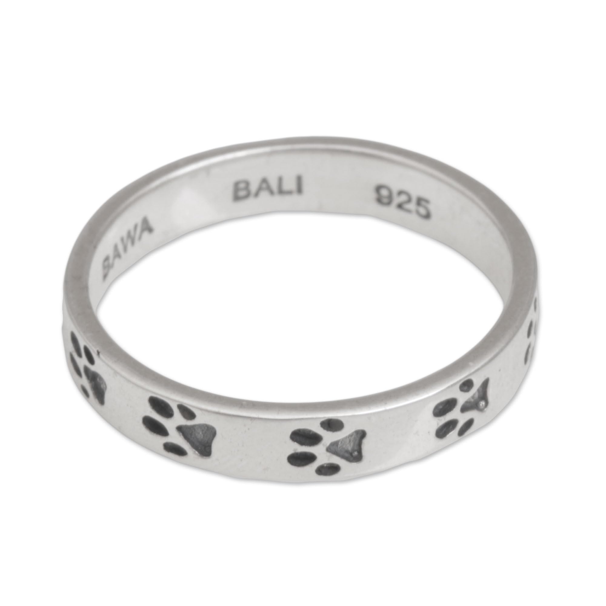 NOVICA Artisan Handmade Sterling Silver Band Ring Paw Print Motif from Bali No Stone Indonesia Animal Themed Modern Dog [band Width 4 mm W] ' Paw Prints'