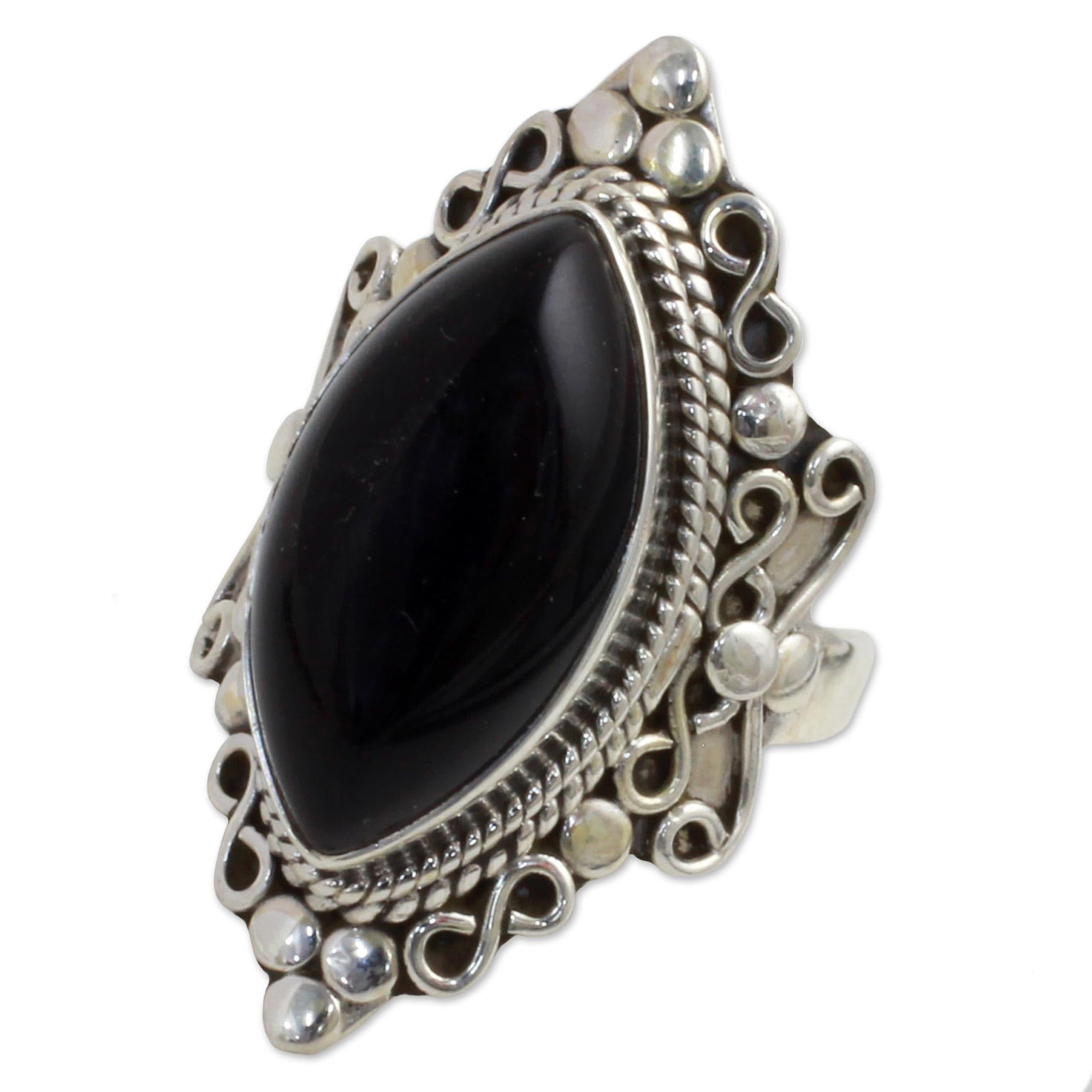 NOVICA Artisan Handmade Onyx Cocktail Ring Sterling Silver from India Black Birthstone [ring Front 1.3 in L x 0.8 in W x 0.4 in H Band Width 3 mm W] ' Lover' S Midnight Gaze'