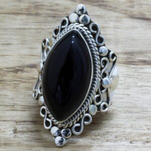 NOVICA Artisan Handmade Onyx Cocktail Ring Sterling Silver from India Black Birthstone [ring Front 1.3 in L x 0.8 in W x 0.4 in H Band Width 3 mm W] ' Lover' S Midnight Gaze'