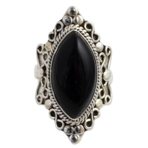 NOVICA Artisan Handmade Onyx Cocktail Ring Sterling Silver from India Black Birthstone [ring Front 1.3 in L x 0.8 in W x 0.4 in H Band Width 3 mm W] ' Lover' S Midnight Gaze'