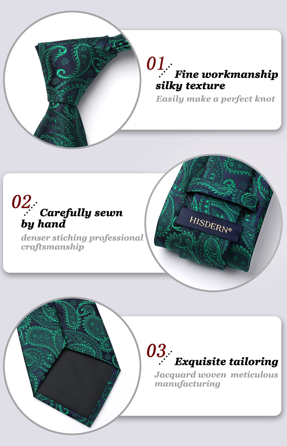 HISDERN Green Ties for Men Paisley Mens Tie Pocket Square Woven Classic Floral Tie Handkerchief Set Tuxedo Wedding Formal Necktie Emerald Forest Green