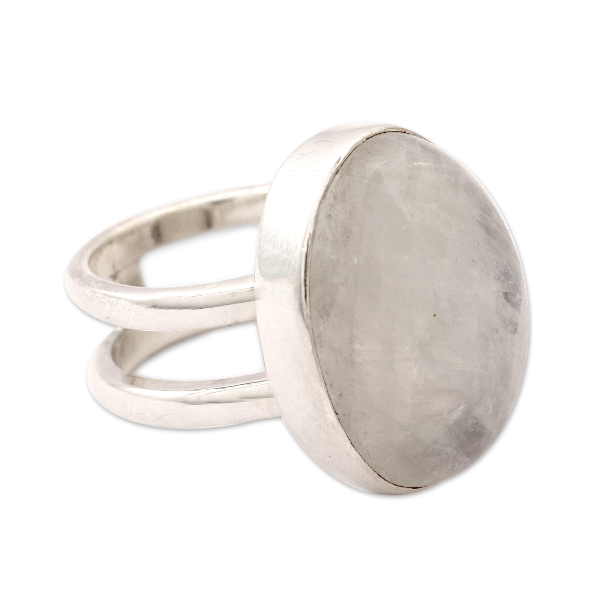 NOVICA Artisan Handmade Rainbow Moonstone Cocktail Ring Artisan Silver Jewelry Sterling Clear India [crownbezel 0.8 in L x 0.6 in W x 0.4 in H Band Width 9 mm W] ' Radiant Light'