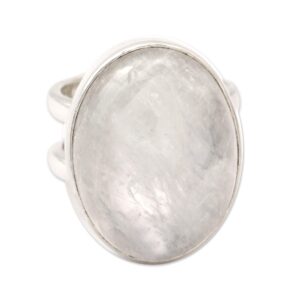 NOVICA Artisan Handmade Rainbow Moonstone Cocktail Ring Artisan Silver Jewelry Sterling Clear India [crownbezel 0.8 in L x 0.6 in W x 0.4 in H Band Width 9 mm W] ' Radiant Light'