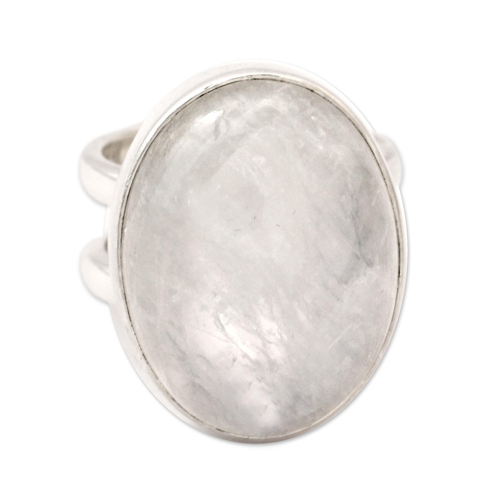 NOVICA Artisan Handmade Rainbow Moonstone Cocktail Ring Artisan Silver Jewelry Sterling Clear India [crownbezel 0.8 in L x 0.6 in W x 0.4 in H Band Width 9 mm W] ' Radiant Light'