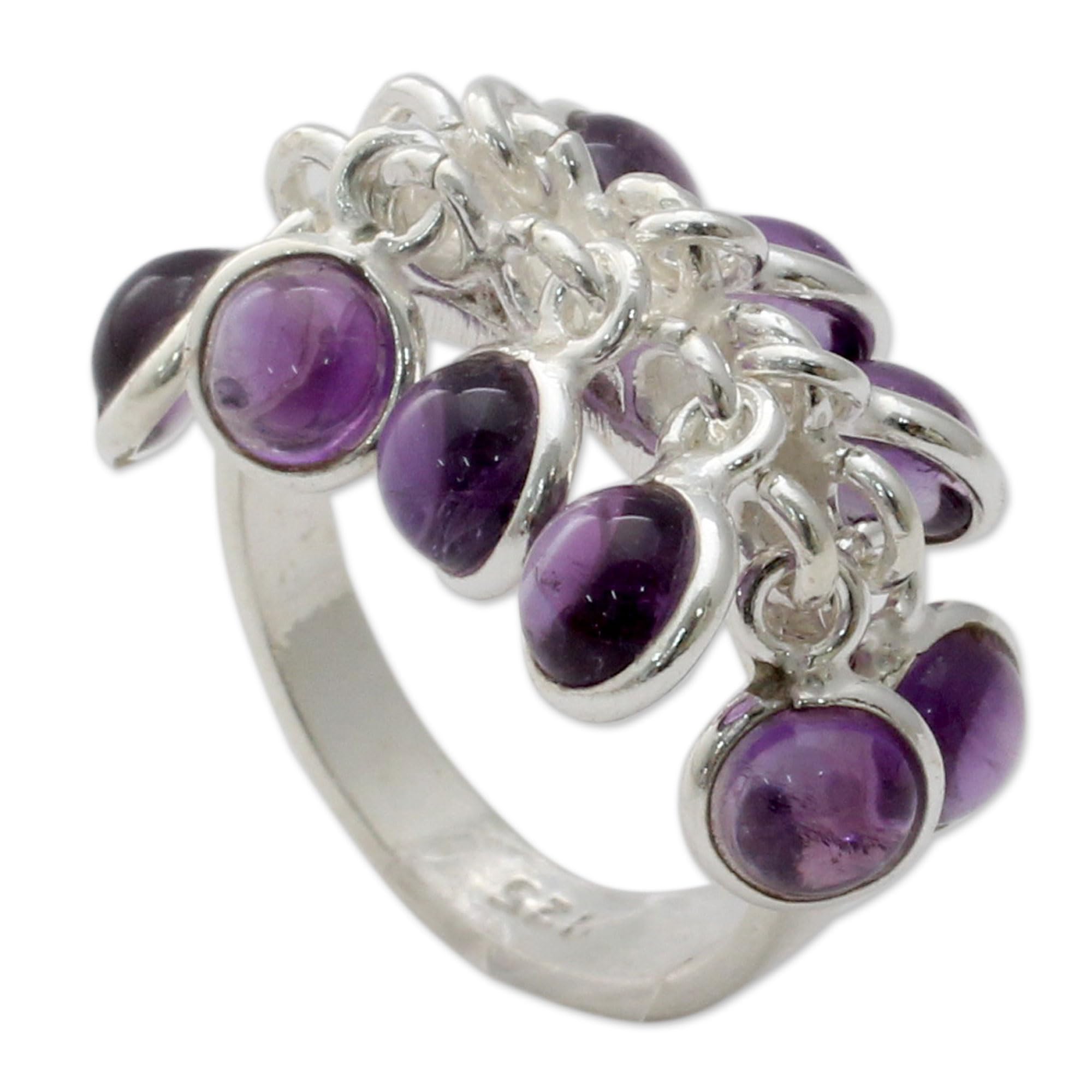 NOVICA Artisan Handmade .925 Sterling Silver Amethyst Cluster Ring India Artisan Crafted with 10 Amethysts Purple Birthstone 'Festive Style'