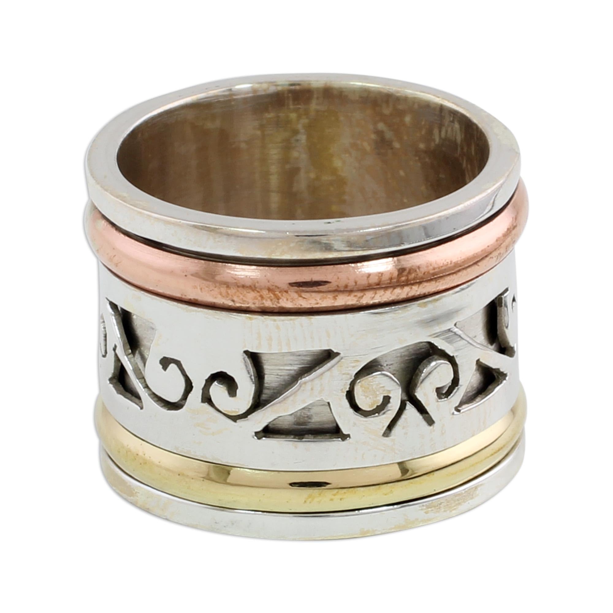 NOVICA Artisan Handmade Sterling Silver Meditation Spinner Ring Copper Brass Indian Spiral No Stone [band Width 15 mm W] ' Spinning Clouds'