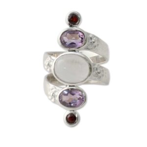 NOVICA Artisan Handmade Multigemstone Cocktail Ring Silver Moonstone Artisan with Amethyst Garnet Sterling Multicolor Purple Red White India Orchid Birthstone [ring Front 1.3 in L x 0.4 in W x 0.3 In]