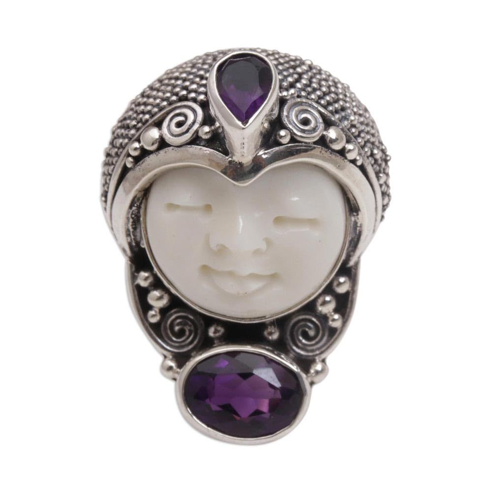 NOVICA Artisan Handmade Amethyst Cocktail Ring 925 Silver Face Shaped from Bali Bone Sterling Purple Indonesia Birthstone Balinese Traditional [crownbezel 1 in H x 0.7 in W x 0.4 in D Band Width 4 Mm]