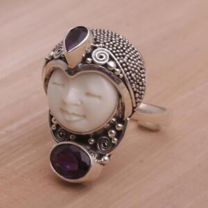 NOVICA Artisan Handmade Amethyst Cocktail Ring 925 Silver Face Shaped from Bali Bone Sterling Purple Indonesia Birthstone Balinese Traditional [crownbezel 1 in H x 0.7 in W x 0.4 in D Band Width 4 Mm]