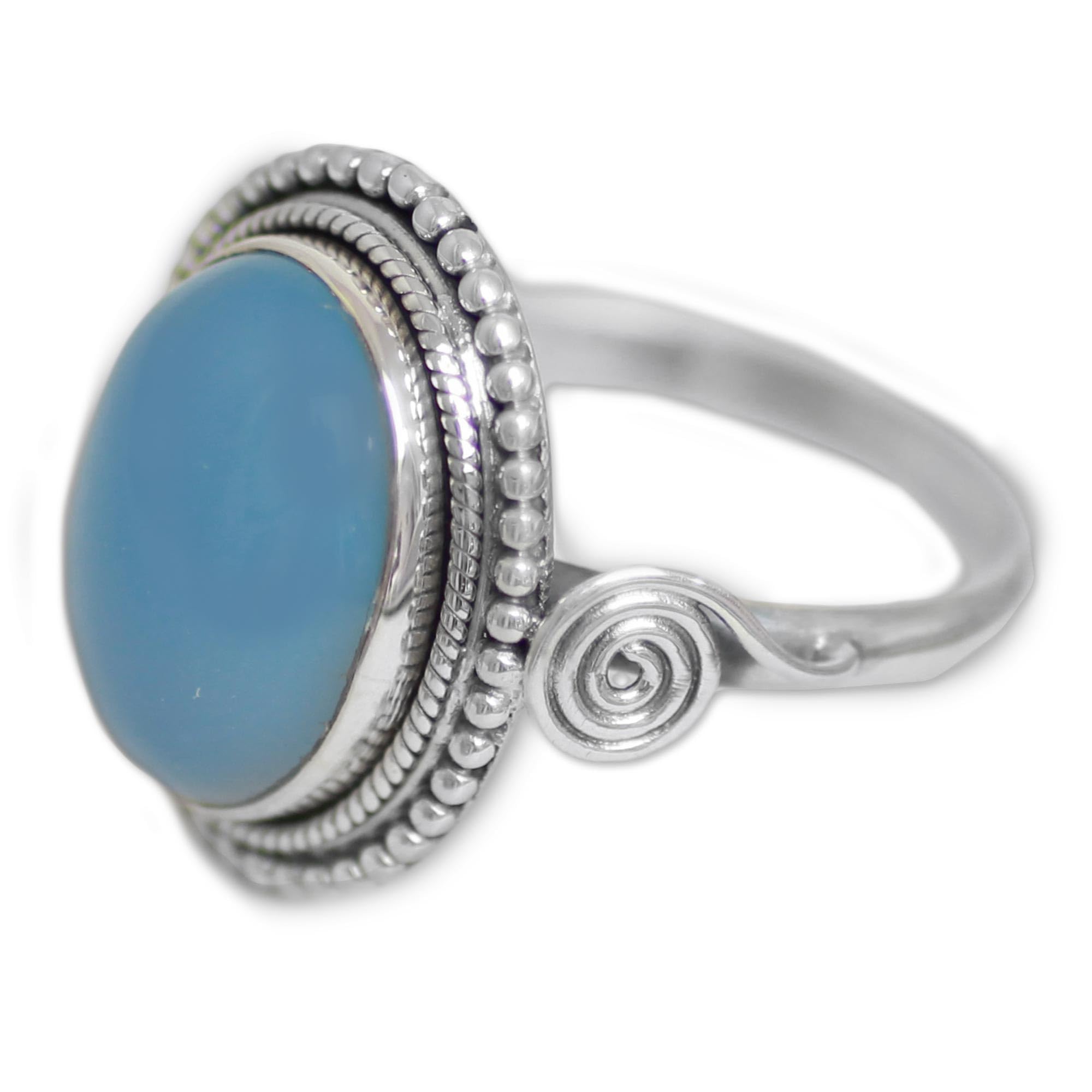 NOVICA Artisan Handmade Chalcedony Cocktail Ring Blue .925 Sterling Silver from India 'Sky Reverie'