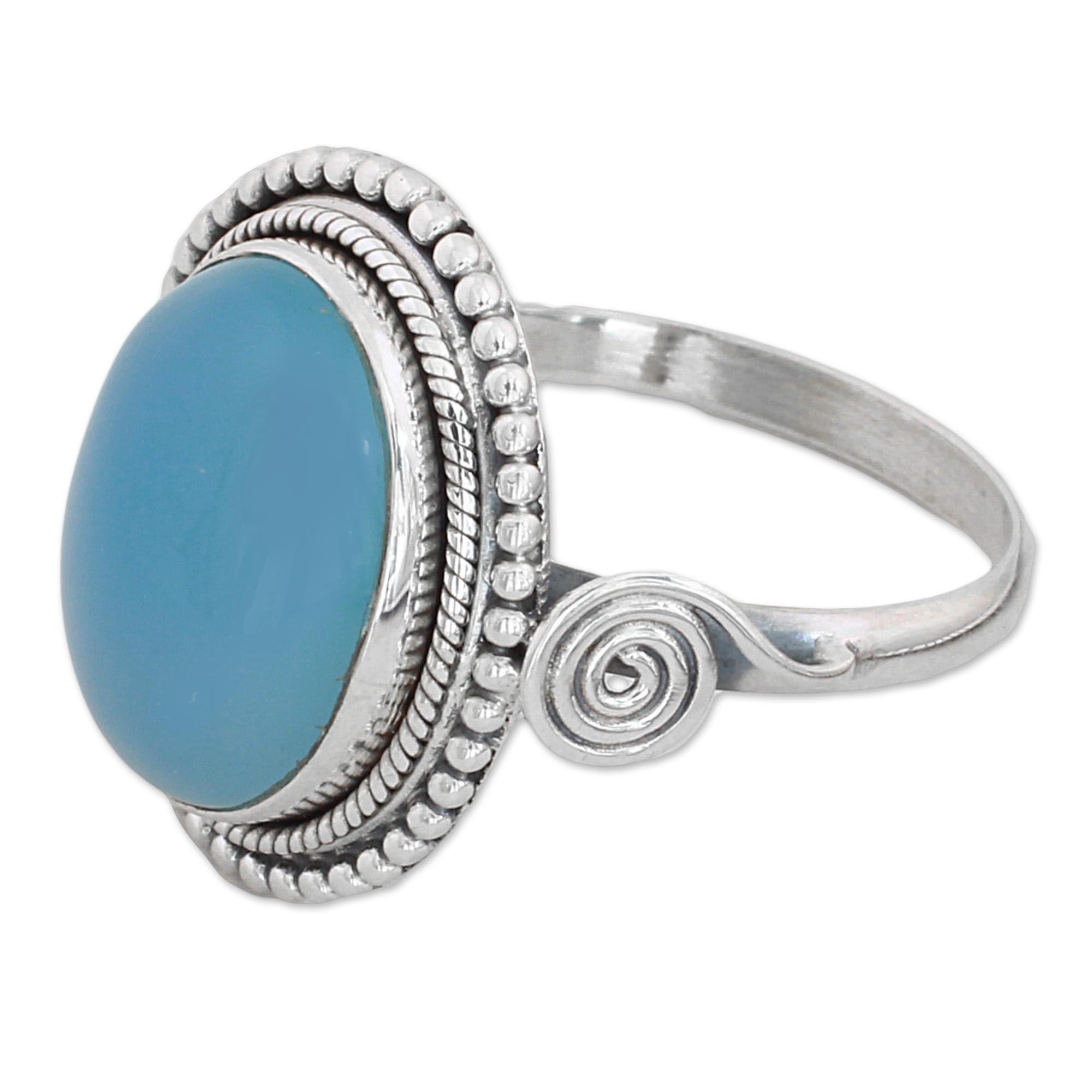 NOVICA Artisan Handmade Chalcedony Cocktail Ring Blue .925 Sterling Silver from India 'Sky Reverie'