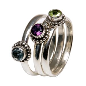 novica artisan handmade multigemstone stacking rings sterling silver set of 3 amethyst blue topaz peridot green purple multicolor indonesia modern birthstone [crownbezel 0.2 in h x 0.2 in diam. band ]