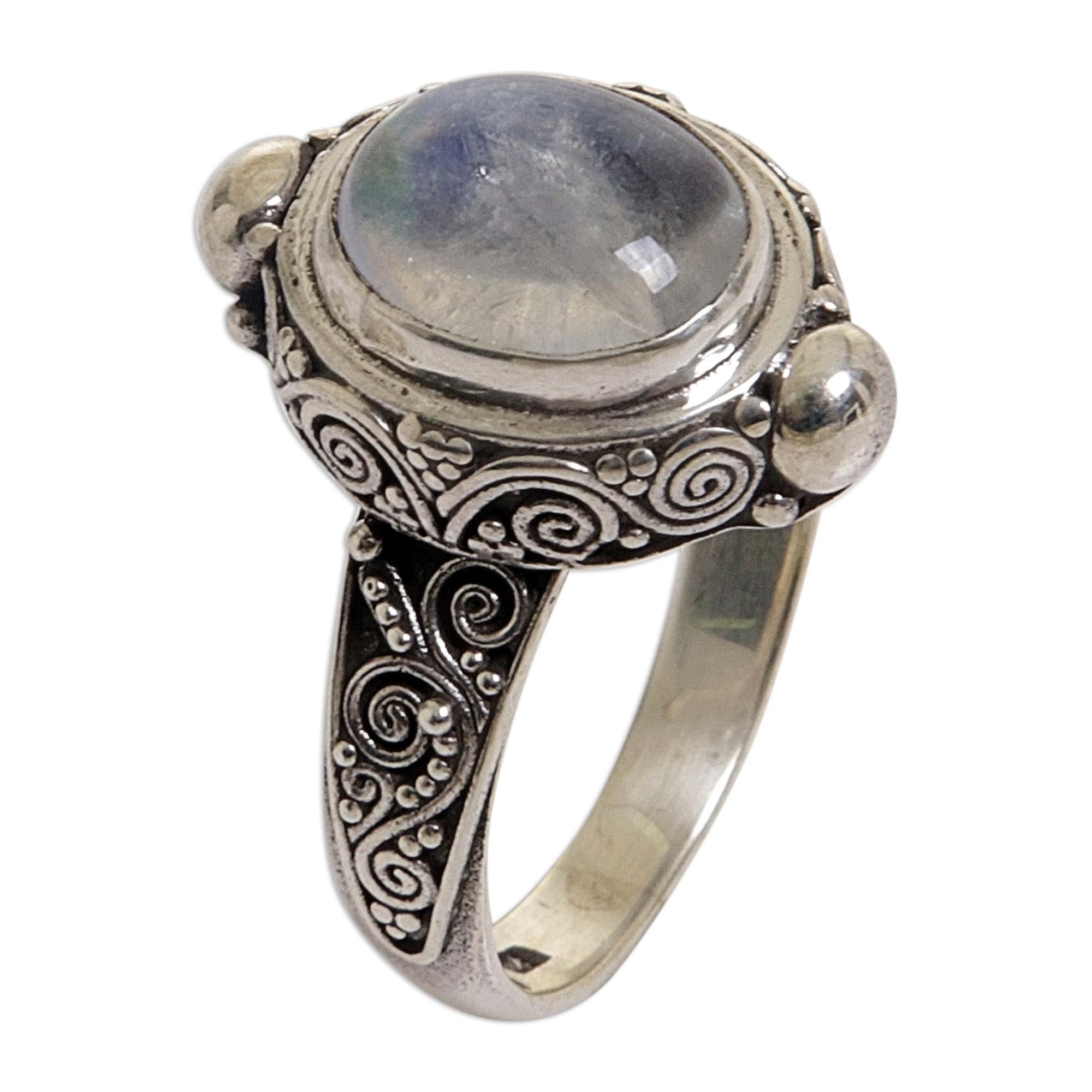 NOVICA Artisan Handmade Rainbow Moonstone Cocktail Ring Sterling Silver Indonesia Clear [ring Front 0.7 in L x 0.6 in W x 0.3 in H Band Width 3 mm W] ' Magic Portal'