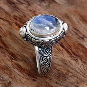 NOVICA Artisan Handmade Rainbow Moonstone Cocktail Ring Sterling Silver Indonesia Clear [ring Front 0.7 in L x 0.6 in W x 0.3 in H Band Width 3 mm W] ' Magic Portal'