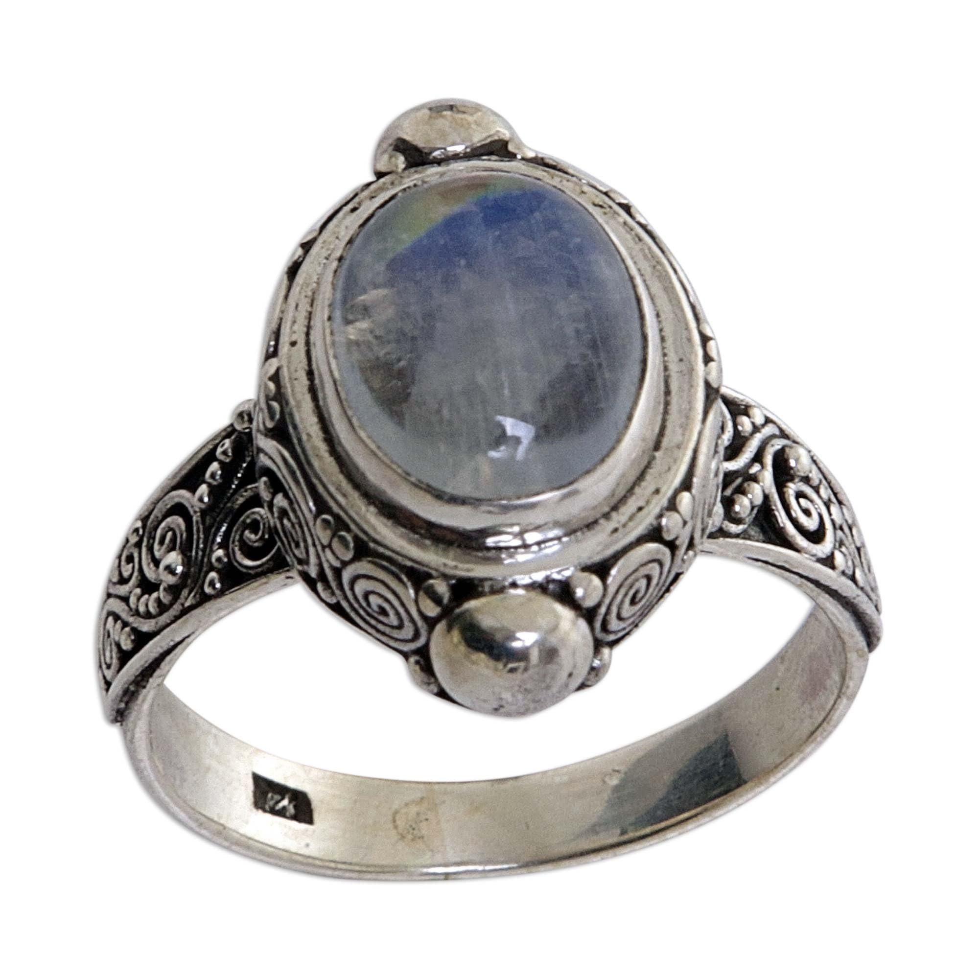 NOVICA Artisan Handmade Rainbow Moonstone Cocktail Ring Sterling Silver Indonesia Clear [ring Front 0.7 in L x 0.6 in W x 0.3 in H Band Width 3 mm W] ' Magic Portal'