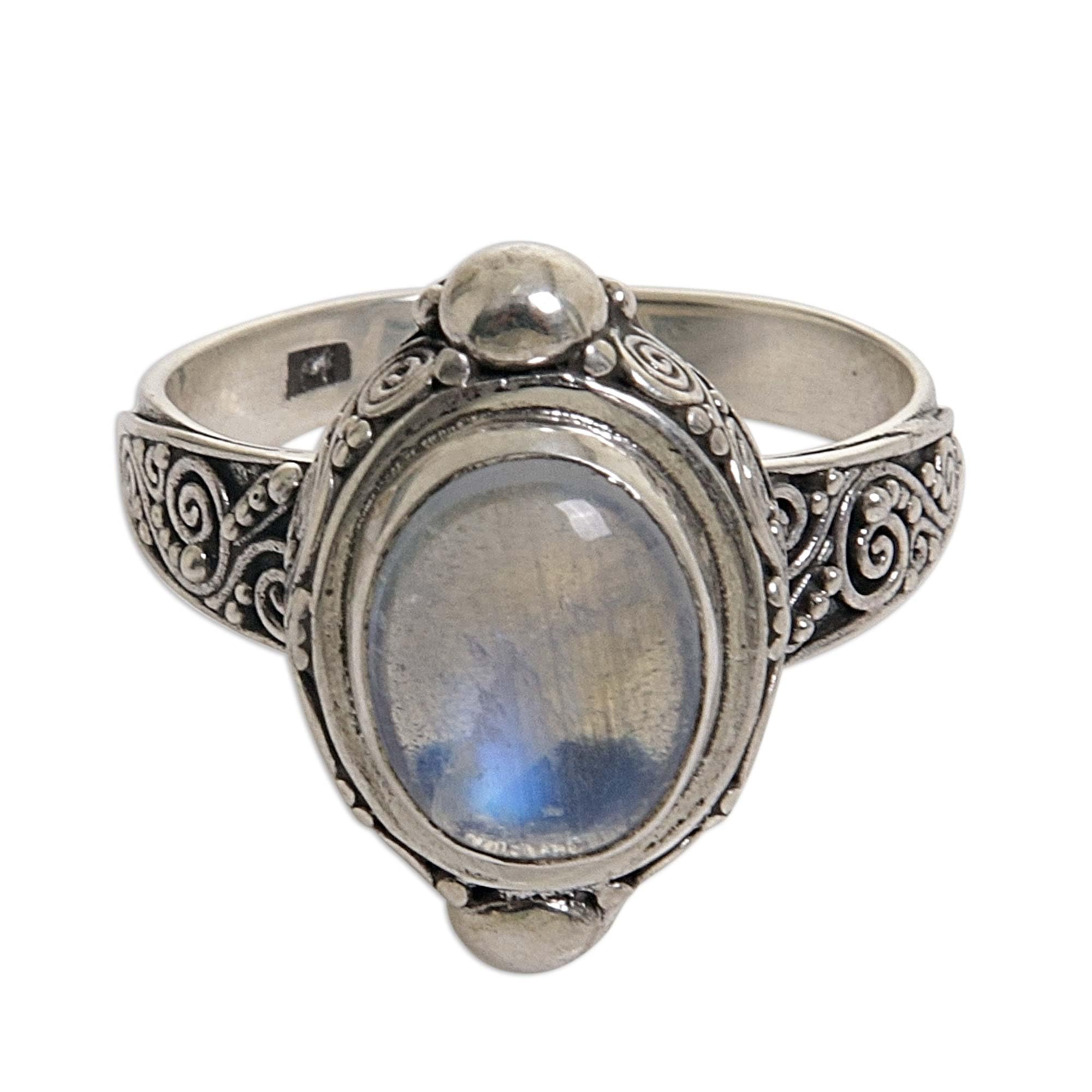 NOVICA Artisan Handmade Rainbow Moonstone Cocktail Ring Sterling Silver Indonesia Clear [ring Front 0.7 in L x 0.6 in W x 0.3 in H Band Width 3 mm W] ' Magic Portal'