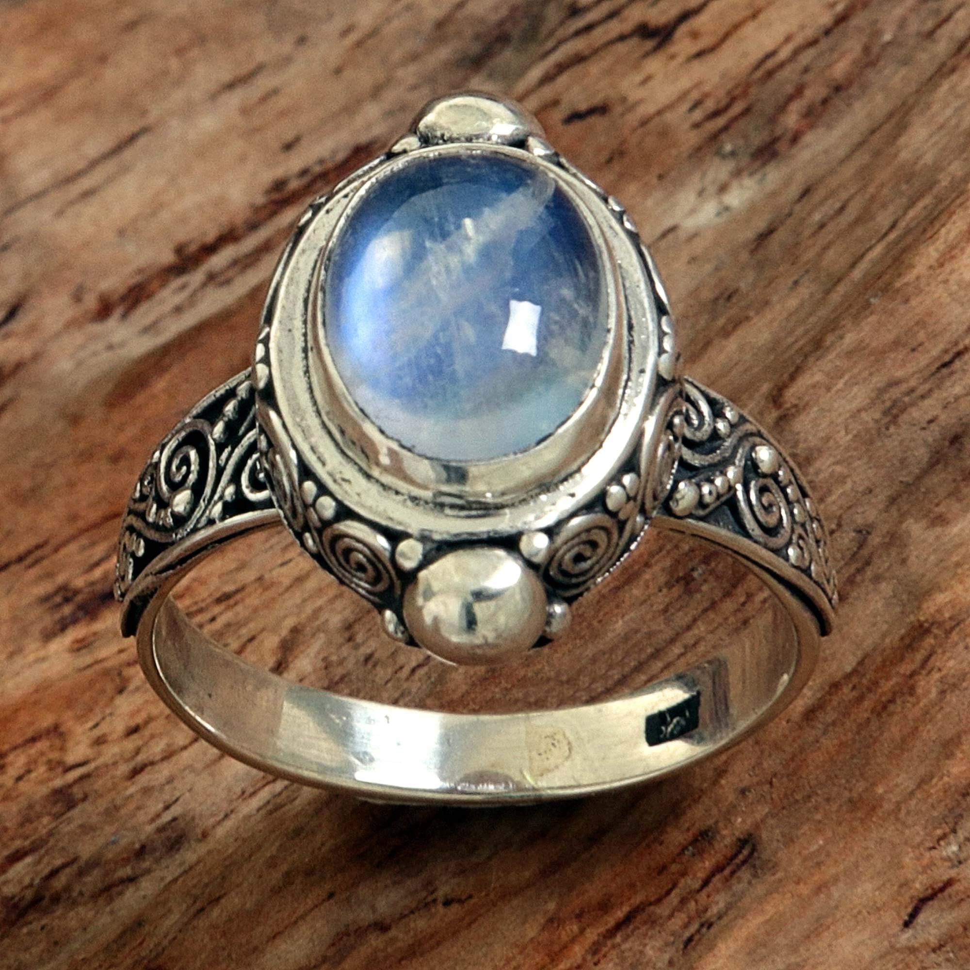 NOVICA Artisan Handmade Rainbow Moonstone Cocktail Ring Sterling Silver Indonesia Clear [ring Front 0.7 in L x 0.6 in W x 0.3 in H Band Width 3 mm W] ' Magic Portal'