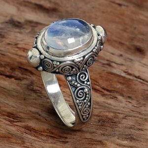 NOVICA Artisan Handmade Rainbow Moonstone Cocktail Ring Sterling Silver Indonesia Clear [ring Front 0.7 in L x 0.6 in W x 0.3 in H Band Width 3 mm W] ' Magic Portal'