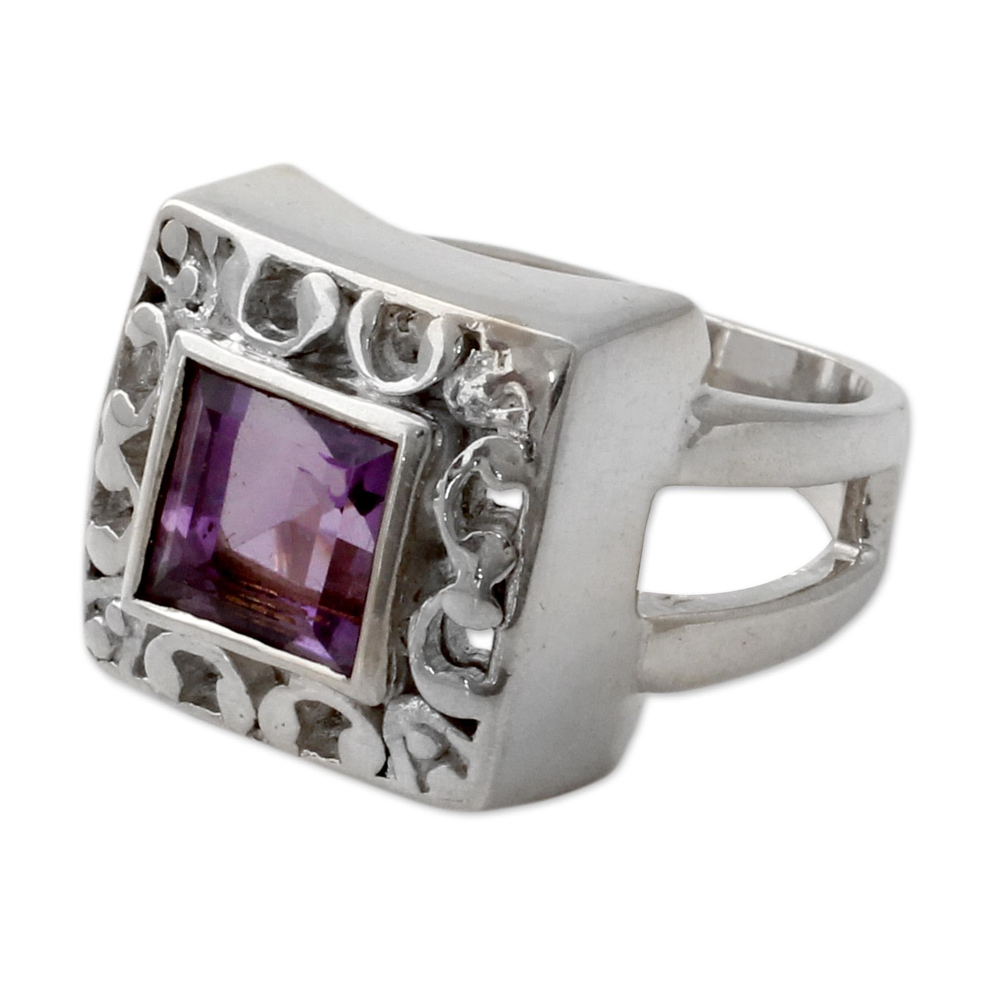 NOVICA Artisan Handmade Amethyst Cocktail Ring Sterling Silver Purple India Birthstone [crownbezel 0.6 in L x 0.6 in W] ' Soul Window'