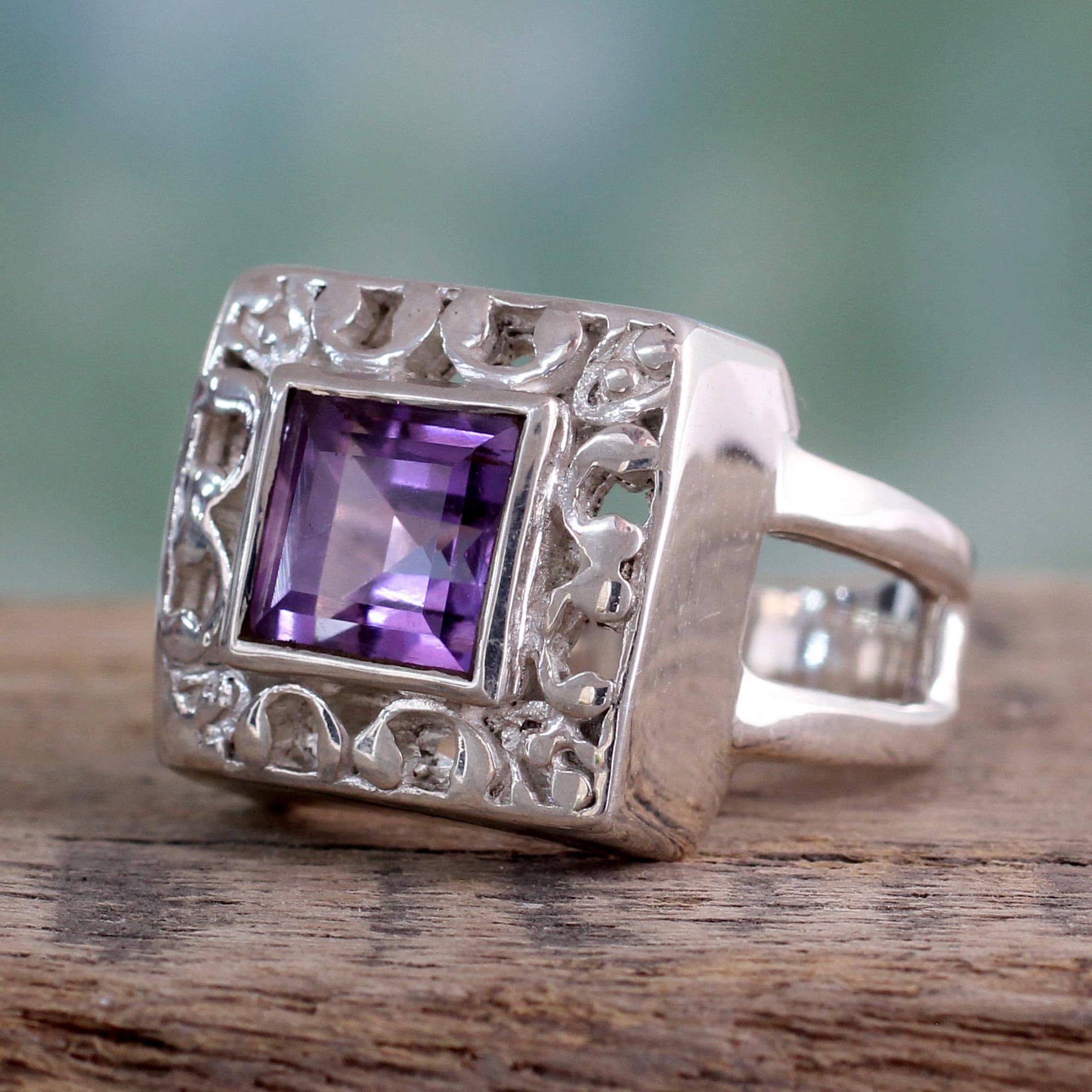 NOVICA Artisan Handmade Amethyst Cocktail Ring Sterling Silver Purple India Birthstone [crownbezel 0.6 in L x 0.6 in W] ' Soul Window'