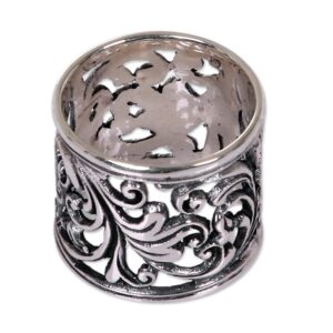 novica artisan handcrafted sterling silver band ring balinese women's wide no stone indonesia leaf tree bohemian [band width 18 mm w] ' tropical rain forest'