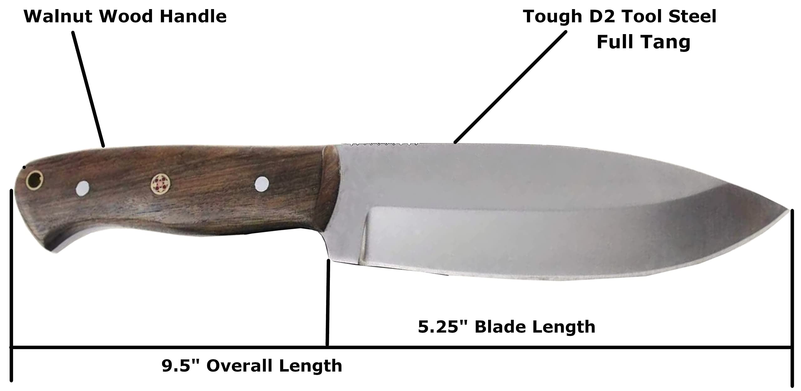 Moorhaus Handmade Full Tang Hunting Fixed Blade Knife D2 Steel - Wood Handle - Great for Camping/Hunting/Skinning/Survival/Bushcraft - includes Leather Sheath