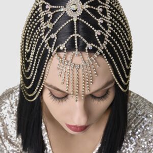 BABEYOND Vintage Style Roaring 20s Crystal Rhinestone Flapper Cap Headpiece Head Jewelry Chains (Gold)