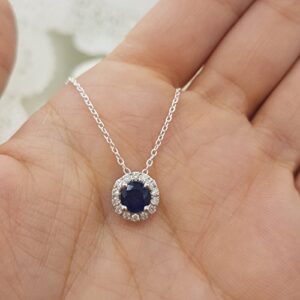 Dazzlingrock Collection 14K 7 MM Round Blue Sapphire & Diamond Women Halo Pendant with 18 inch Silver Chain in Yellow Gold