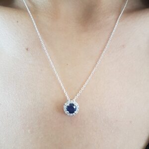 Dazzlingrock Collection 14K 7 MM Round Blue Sapphire & Diamond Women Halo Pendant with 18 inch Silver Chain in Yellow Gold