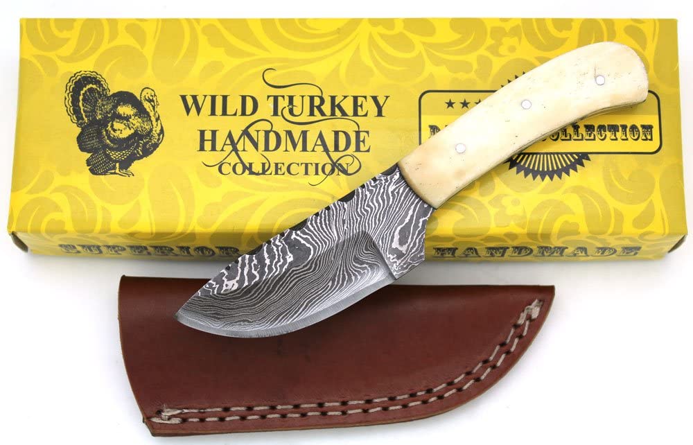 Wild Turkey Handmade Damascus Steel Collection Full Tang Bone Handle Fixed Blade Knife w/Leather Sheath Outdoors Hunting Camping Fishing (1)