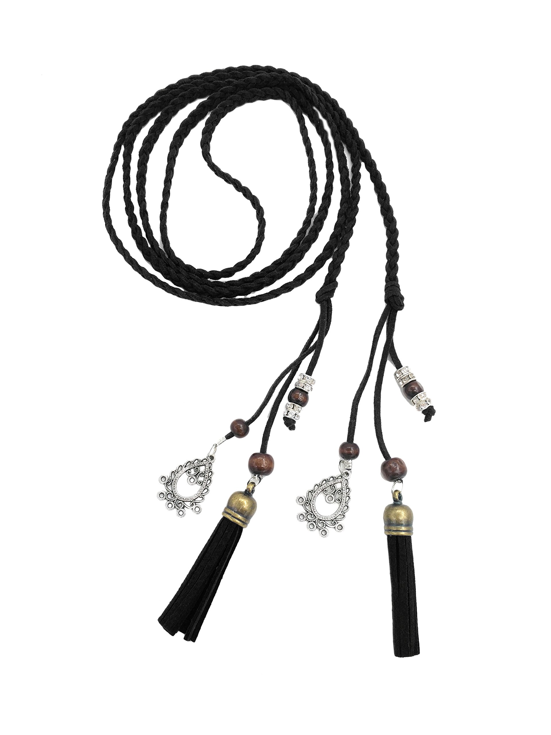 Exotic Women Black Waist Belt/ Rope/Chain Skinny Belt with Tassel and Beads for Ladies Skirt Dress in 8 Colors