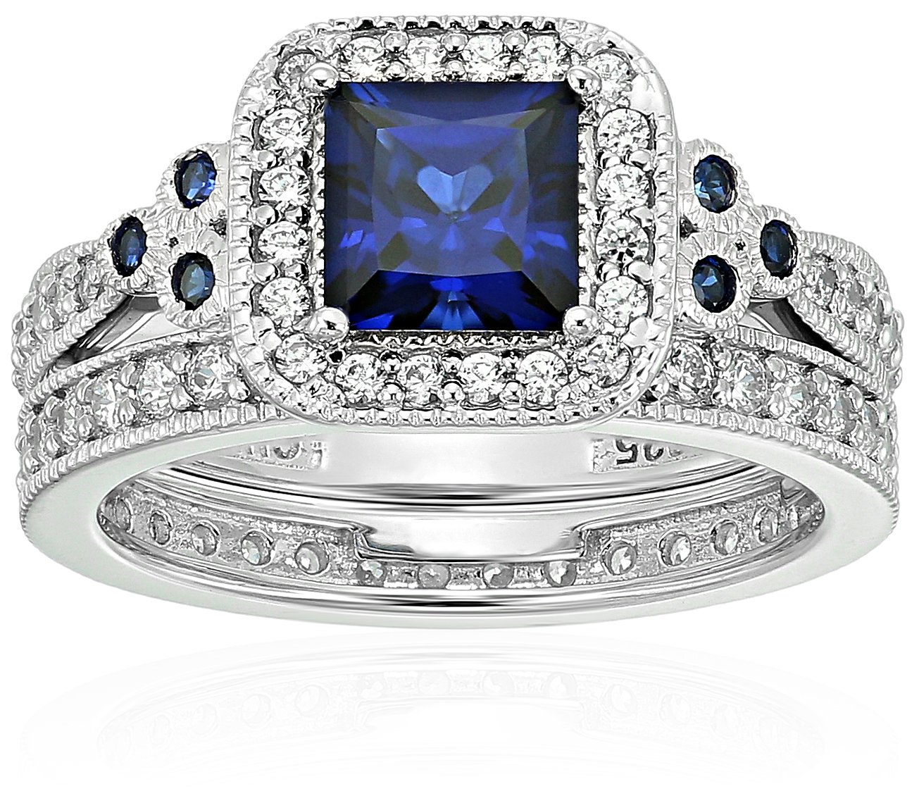 Amazon Collection Platinum-Plated Sterling Silver Princess-Cut Created Sapphire Vintage Ring Set made with Infinite Elements Cubic Zirconia, Size 8