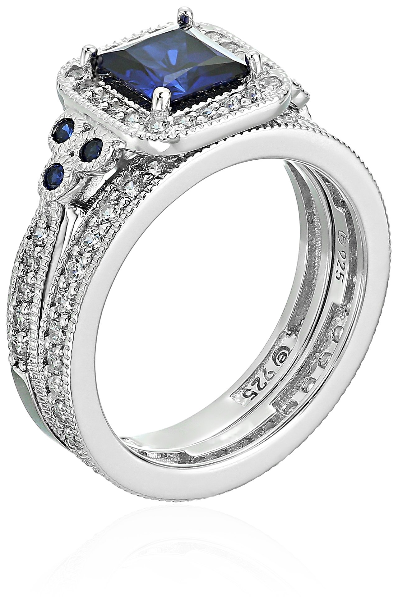 Amazon Collection Platinum-Plated Sterling Silver Princess-Cut Created Sapphire Vintage Ring Set made with Infinite Elements Cubic Zirconia, Size 8