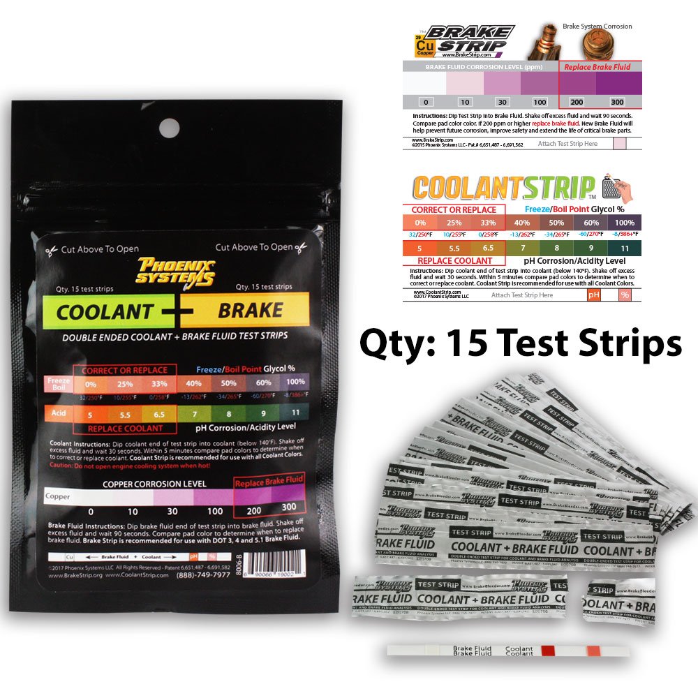 Phoenix Systems 8006-B Double-Ended Brake Fluid + Coolant Test Strips (15 foil wrapped test strips), 1 Pack