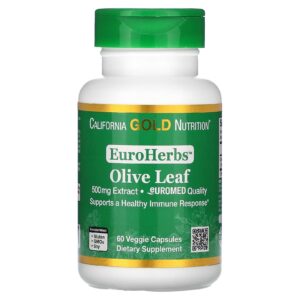 Olive Leaf Extract 500 mg, 18% Oleuropein, Processed in Spain, 3rd Party Tested European Quality, 60 Veggie Capsules, California Gold Nutrition EuroHerbs