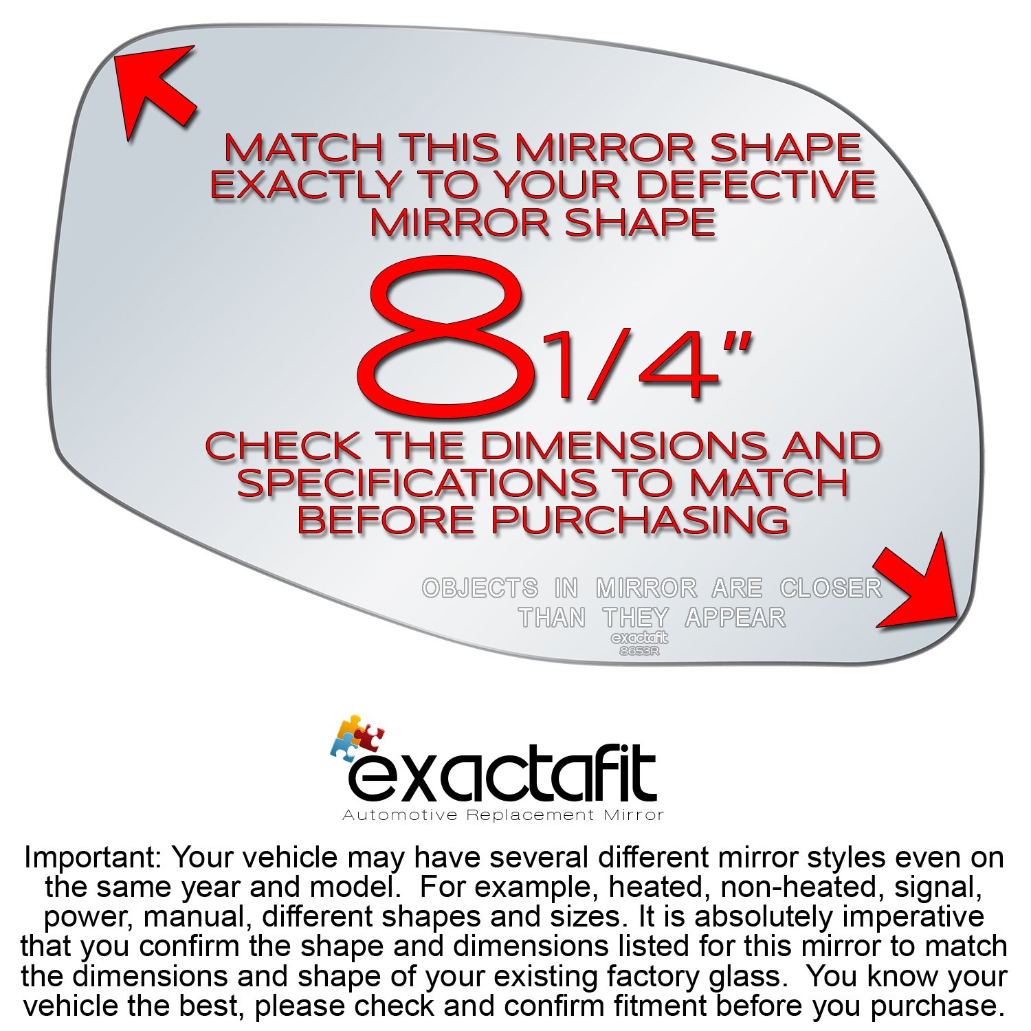 exactafit 8653R Passenger Side Mirror Glass Replacement Repair Compatible With 1995-2005 Ford Explorer, 2001-2005 Explorer Sport Trac, 1995-2005 Ranger, 1997-2005 Mercury Mountaineer