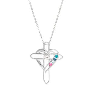 women's custom sterling silver 4 stone simulated birthstone heart with cross pendant (18" chain) - personalized birthstone cross necklace - gifts for mom