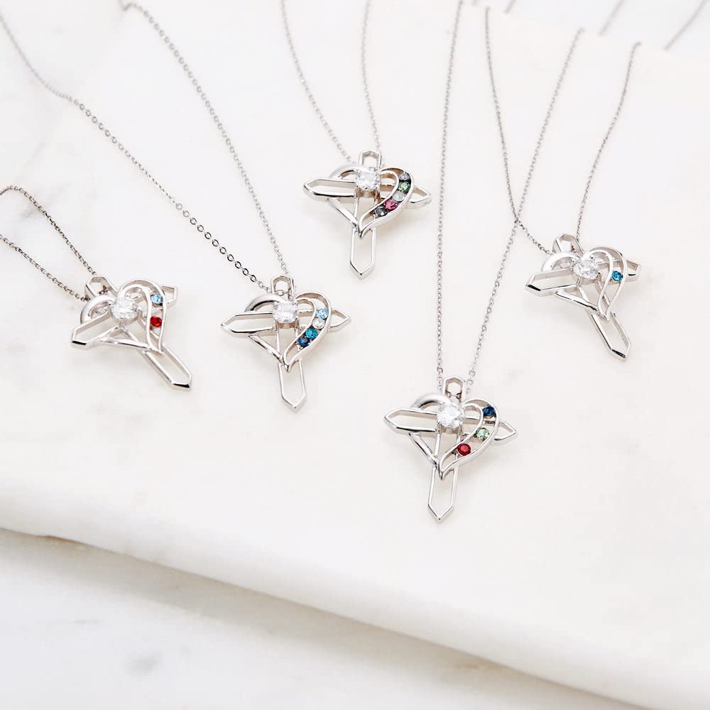 Women's Custom Sterling Silver 4 Stone Simulated Birthstone Heart with Cross Pendant (18" chain) - Personalized Birthstone Cross Necklace - Gifts for Mom