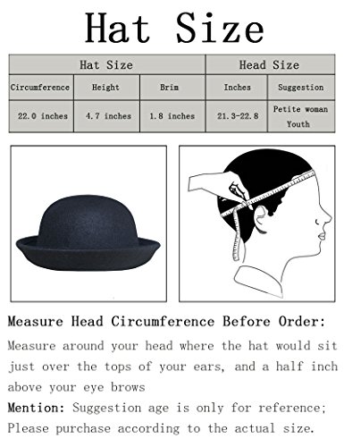 Lujuny Classic Wool Round Bowler Hats - Trendy Derby Fedora Bucket Caps with Roll-up Brim for Youth Petite (Black)