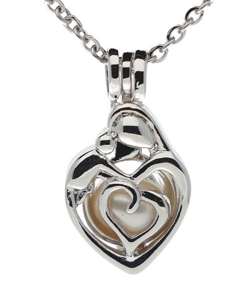 Pearlina Mother Mom Family Necklace Silver-tone Cage Cultured Pearl in Oyster Set w/Stainless Steel Chain 18"