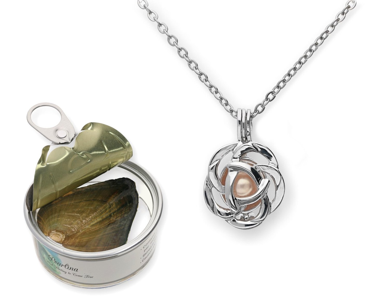 Pearlina Rose Flower Cultured Pearl Oyster Necklace Set Silver-tone Pendant w/Stainless Steel Chain 18"