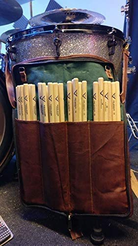 WerKens Leather Drumstick Bag Floor Tom Hooks Holds 8-10 Pairs Drum Sticks Mallets Brushes Percussion Drum Stick Bag Easy Carry Handles (Brown) – DSB002