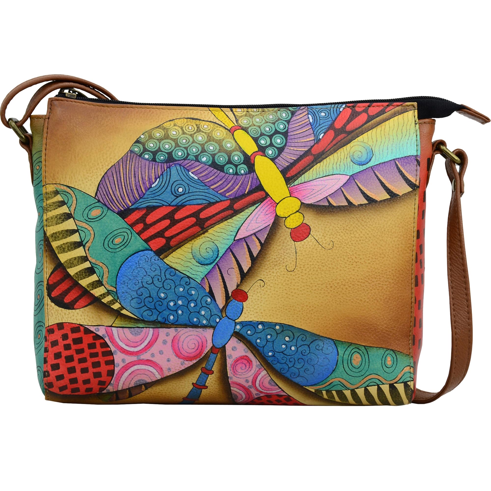 Anna by Anuschka Women's Anna Anuschka Hand Painted Women s Genuine Leather Slim Medium Crossbody Dancing Dragonflies, Dancing Dragonflies, One Size US