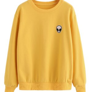 SweatyRocks Sweatshirt Women Pink Alien Patch Drop Shoulder Long Sleeve Shirt (Medium, Gold)