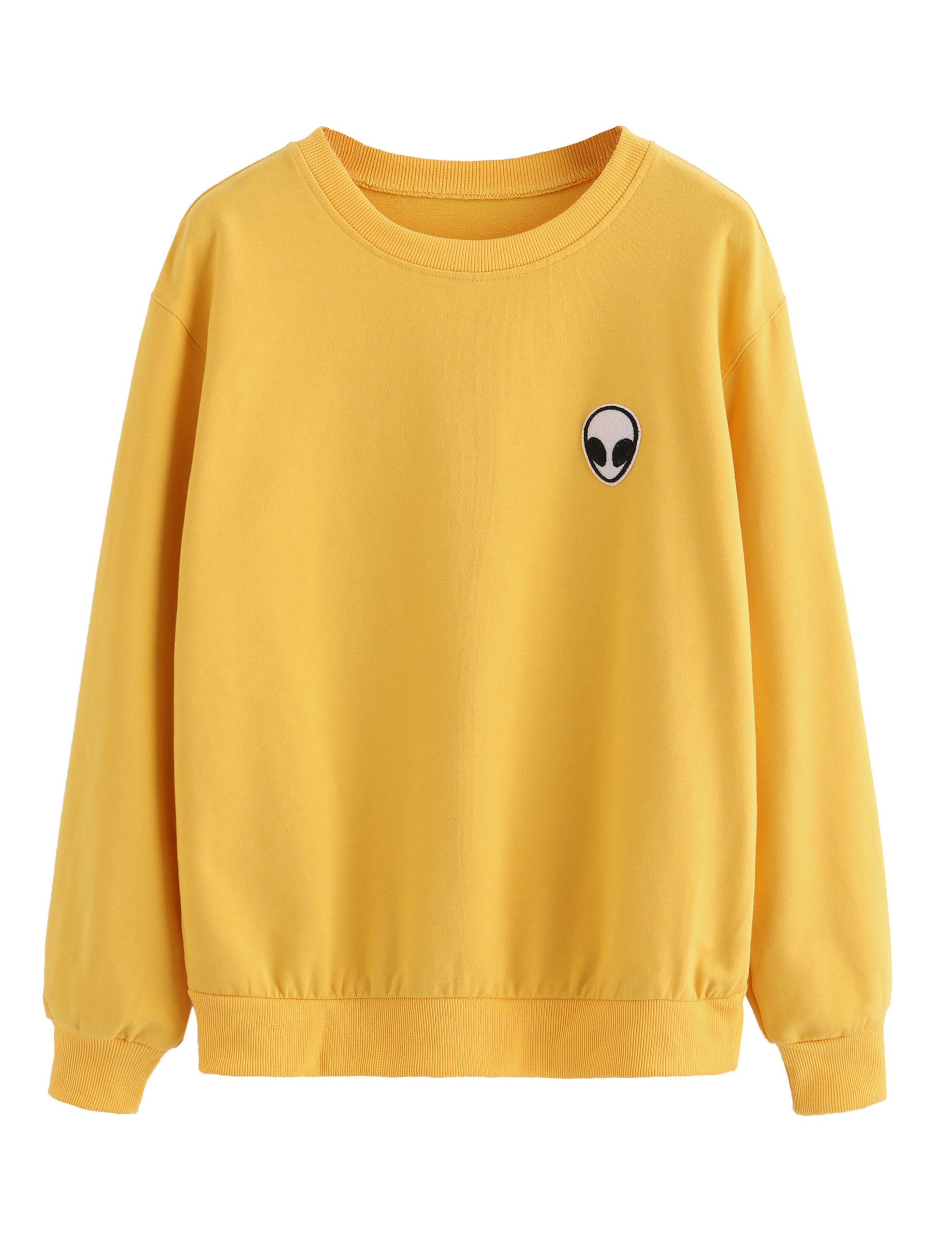 SweatyRocks Sweatshirt Women Pink Alien Patch Drop Shoulder Long Sleeve Shirt (Medium, Gold)