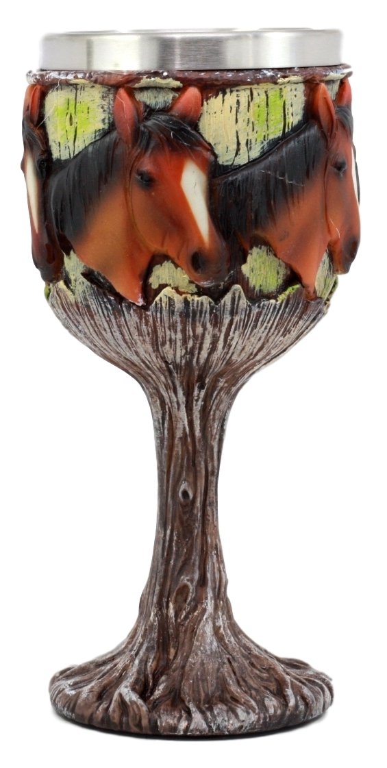 Ebros Gift Equine Beauty Wild Horses Wine Goblet 7oz Chalice Cup In Rustic Wood Bark Roots Design